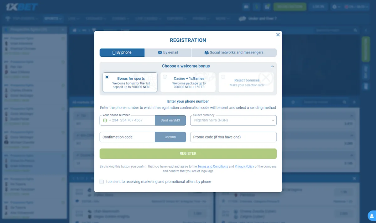 MMA Registration on 1xBet Screenshot